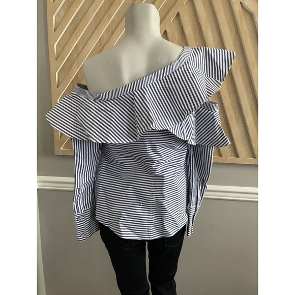 SELF-PORTRAIT Striped Off Shoulder Asymmetric Frill Shirt - Size 2 - Picture 10 of 12